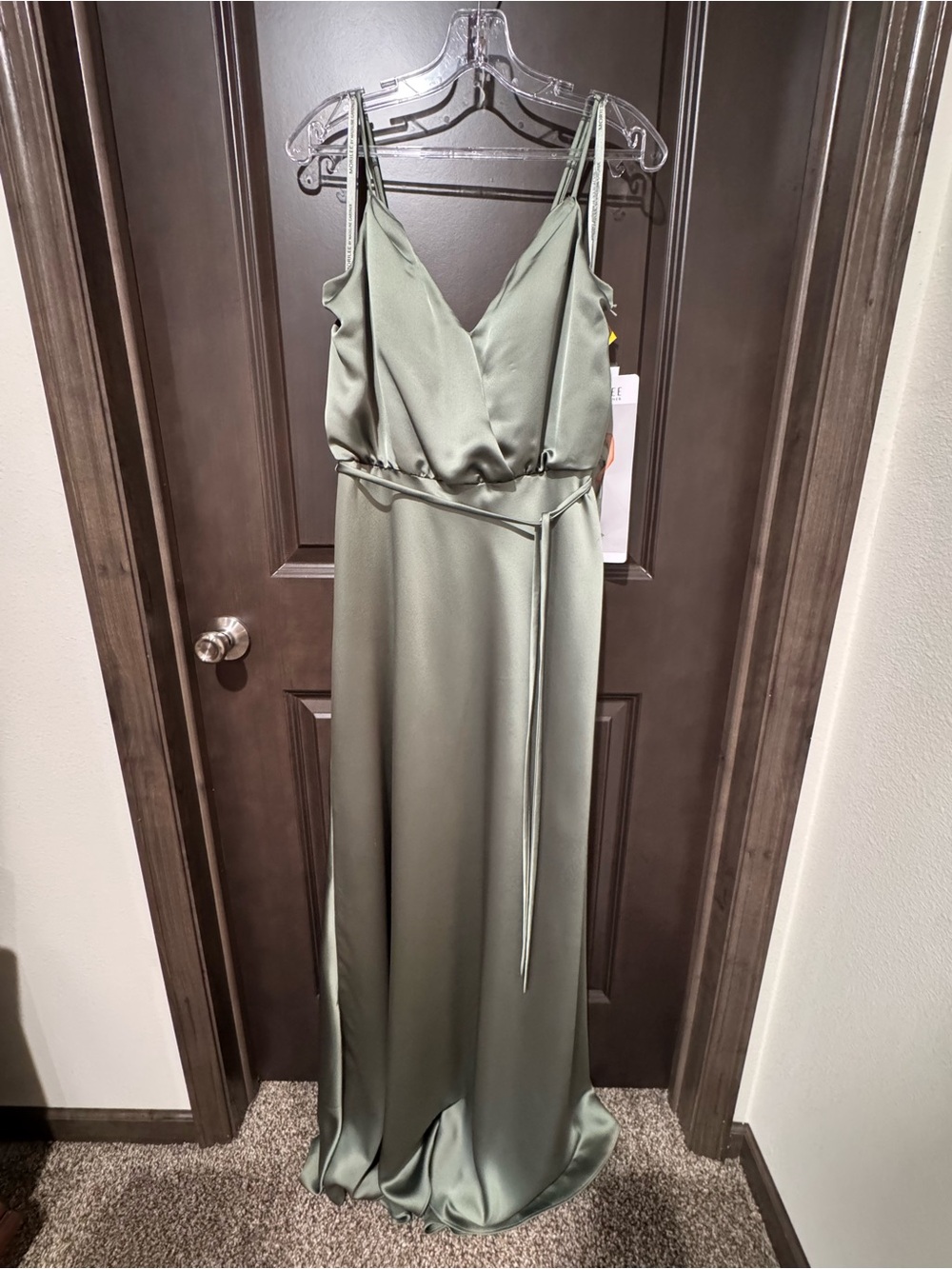 Mori Lee Moss Green tie waist blouson top dress